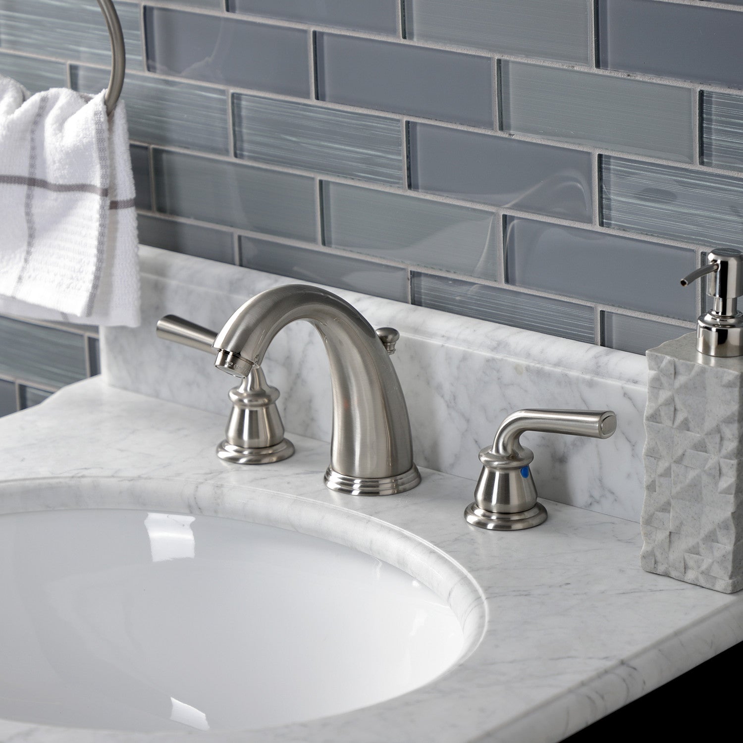 Kingston Tulare KB988RXL - Restoration Two-Handle 3-Hole Deck Mount Widespread Bathroom Faucet with Pop-Up Drain, Brushed Nickel — thumbnail 2